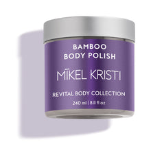 Load image into Gallery viewer, Bamboo Smoothing Body Polish by Mikel Kristi Skincare 8oz jar side view with plumb label
