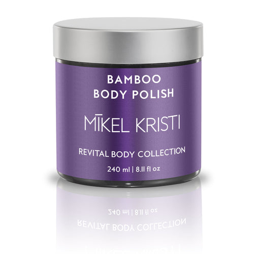 Bamboo Smoothing Body Polish by Mikel Kristi Skincare 8oz jar with plumb label