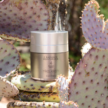 Load image into Gallery viewer, C Radiance Moisturizer 50ml photographed on a Prickly Pear Cactus. Product is by Mikel Kristi Skincare, based in the Arizona desert. This product is Step 4: Balance, and comes in a 50ml airless pump jar with metallic sand colored label.
