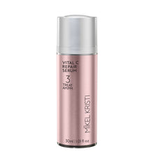 Load image into Gallery viewer, Mikel Kristi Skincare (Michael Christy skincare) Vital C Repair Serum in 30ml airless pump bottle with pink metallic label Step 3 treat 
